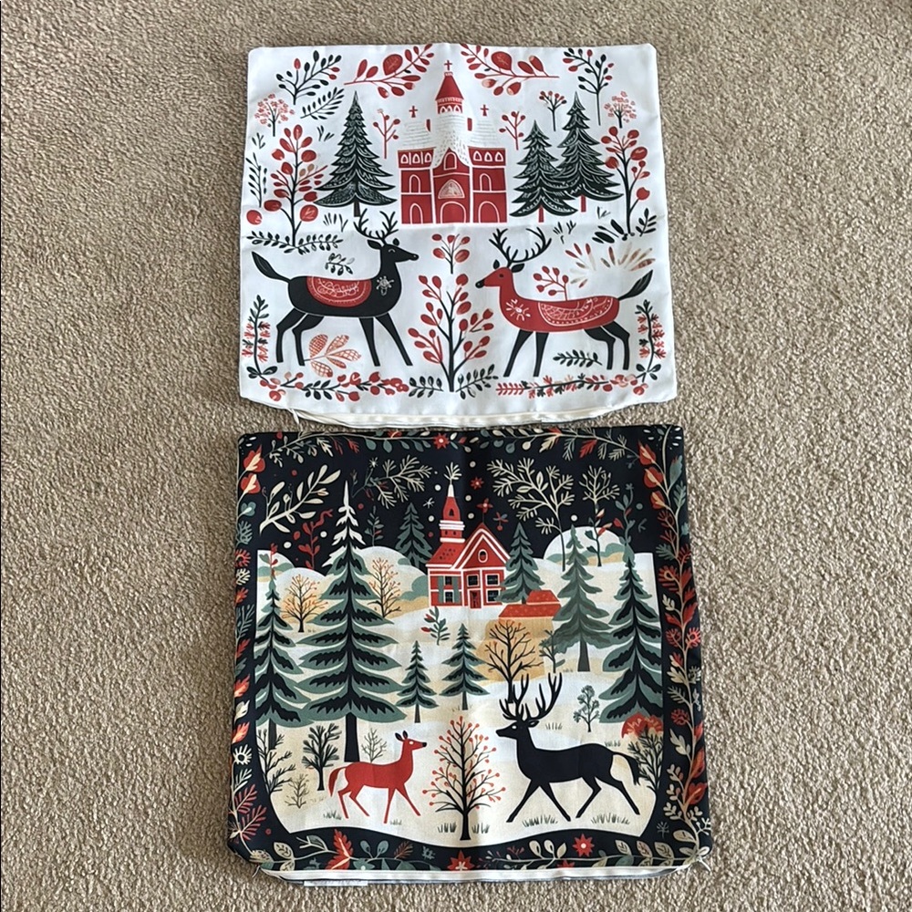 Festive 18”x18” Rustic Pillow Covers w/ Deer - Set of 2 Brand New